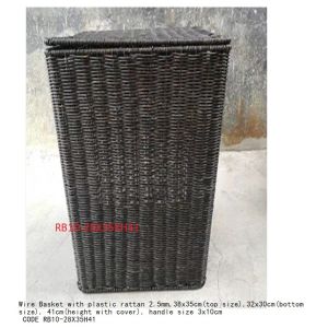 WIRE BASKET WITH PLASTIC RATTAN 2.5MM,38X35CM(TOP SIZE),32X30CM (BOTTOM SIZE),41CM (HEIGHTWITH COVER),HANDLE SIZE 3X10CM